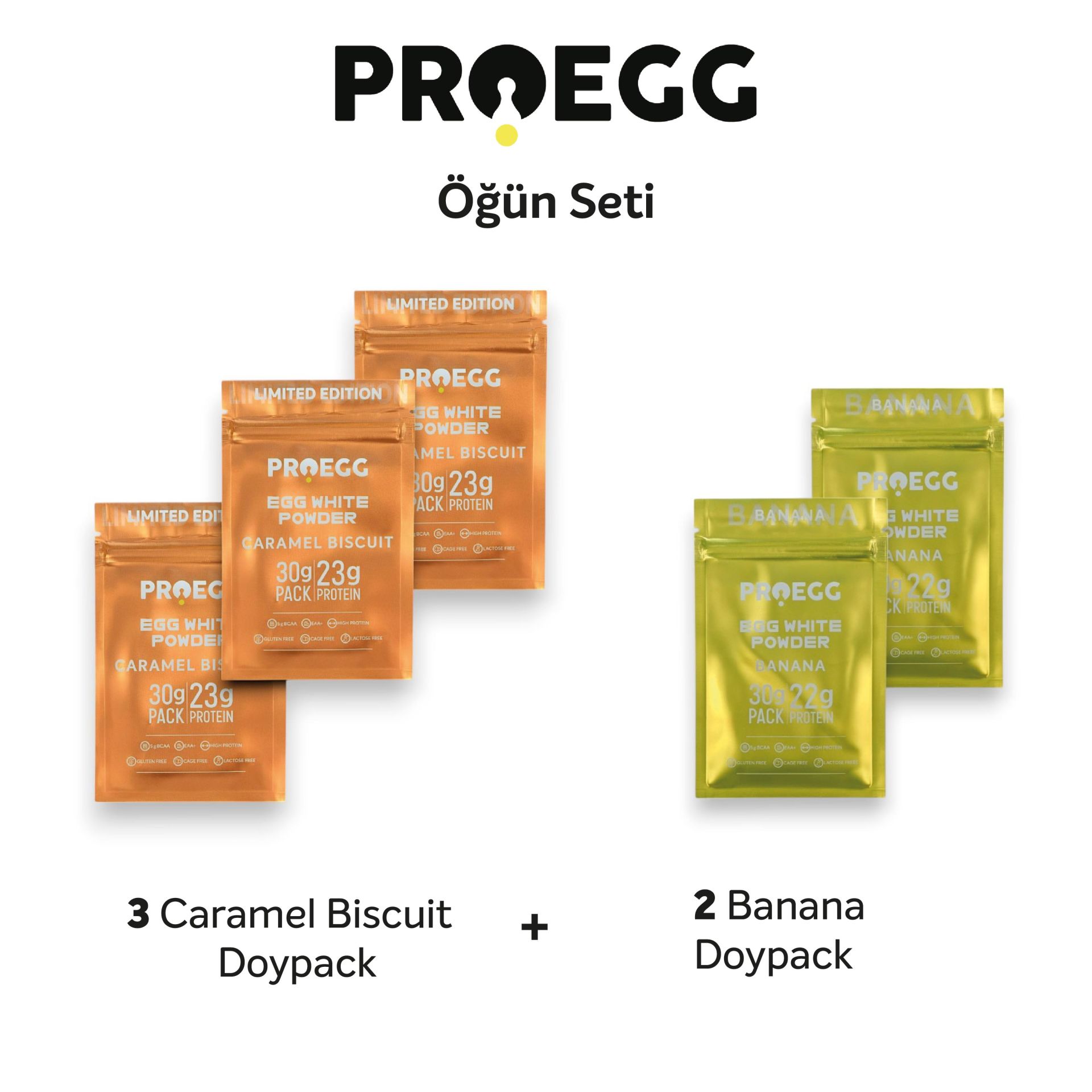Öğün Seti 3 Karamel Bisküvi ve 2 Muz Aromalı Egg White Protein