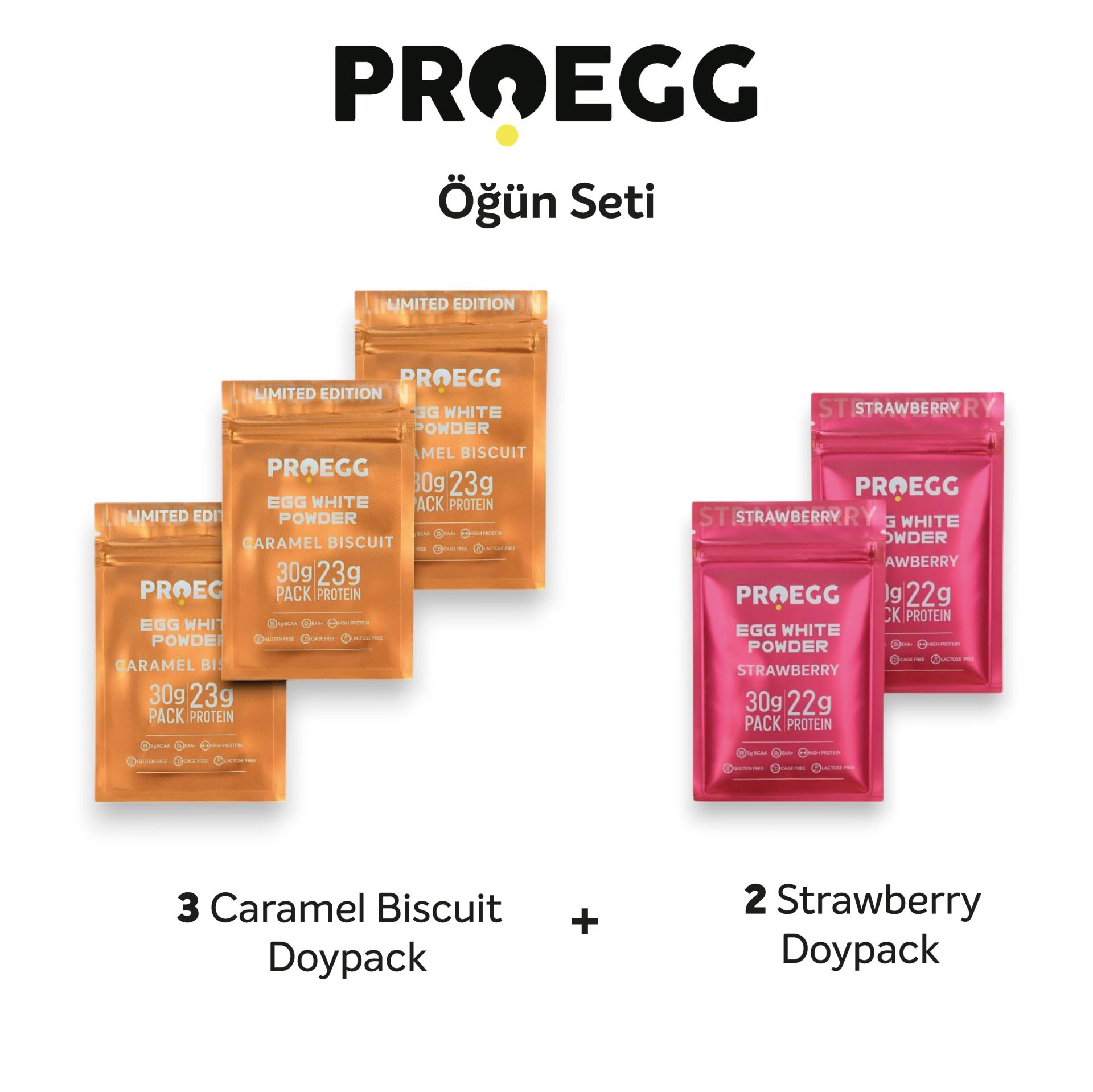 Öğün Seti 3 Karamel Bisküvi ve 2 Çilek Aromalı Egg White Protein