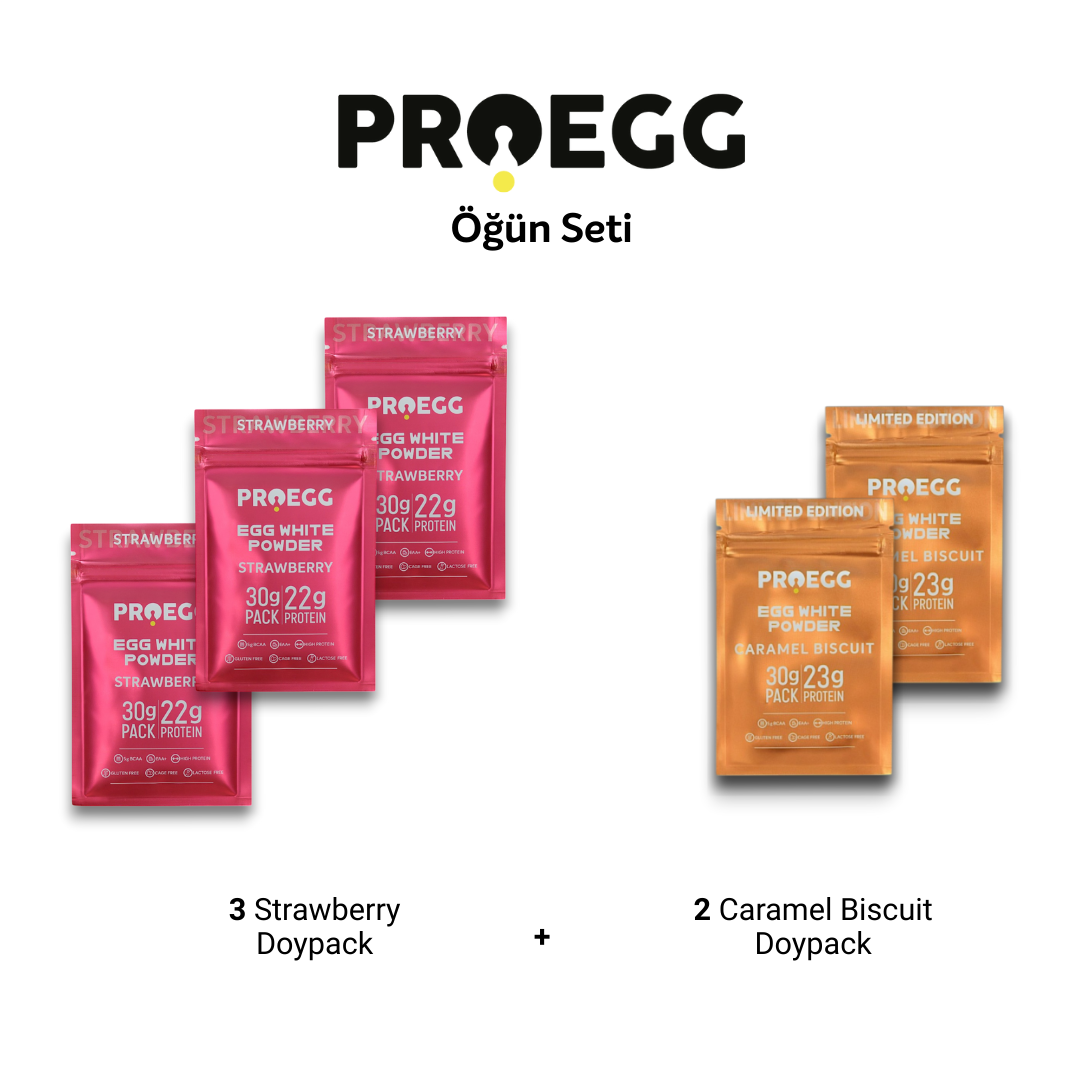 Öğün Seti 3 Çilek Aromalı ve 2 Karamel Bisküvi Aromalı Egg White Protein